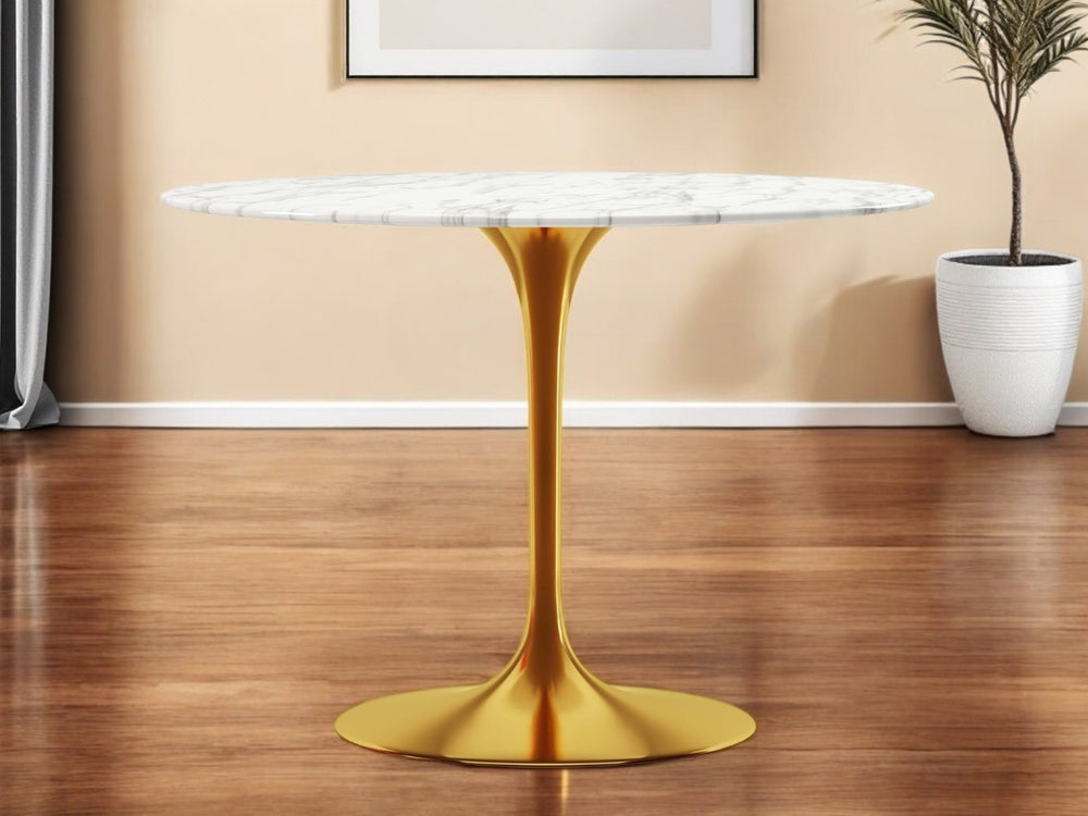 HomeRoots 40" White and Gold Marble Dining Table - Elegant Pedestal Design Perfect for Modern Homes and Gatherings 520845