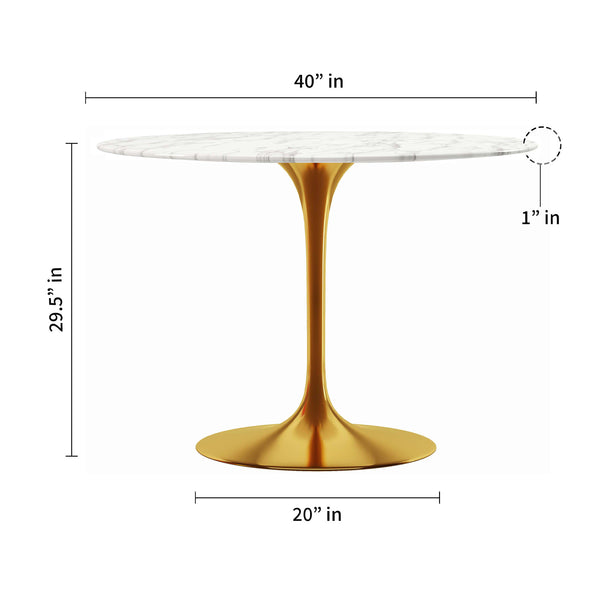 Homeroots 40" White And Gold Rounded Marble And Metal Pedestal Base Dining Table   520845