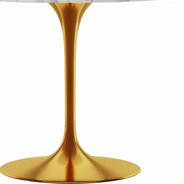 HomeRoots 40" White and Gold Marble Dining Table - Elegant Pedestal Design Perfect for Modern Homes and Gatherings 520845