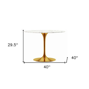HomeRoots 40" White and Gold Marble Dining Table - Elegant Pedestal Design Perfect for Modern Homes and Gatherings 520845