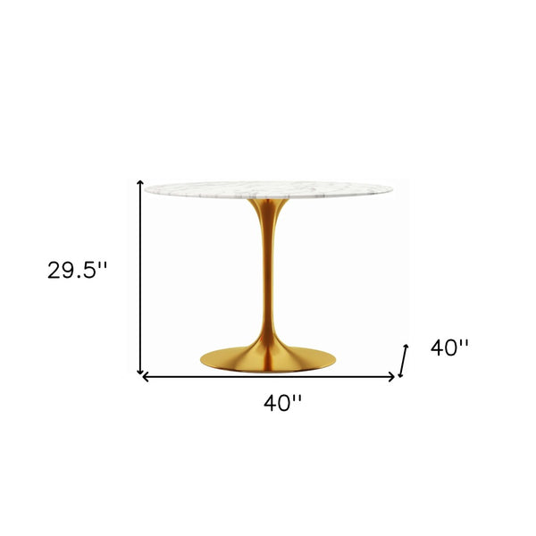 HomeRoots 40" White and Gold Marble Dining Table - Elegant Pedestal Design Perfect for Modern Homes and Gatherings 520845