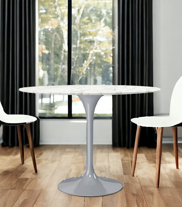 Homeroots 40" White And Gray Rounded Marble And Metal Pedestal Base Dining Table   520846
