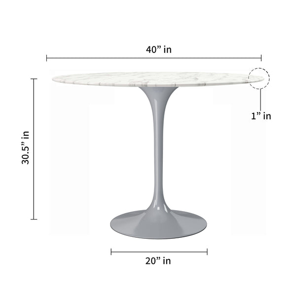 Homeroots 40" White And Gray Rounded Marble And Metal Pedestal Base Dining Table   520846