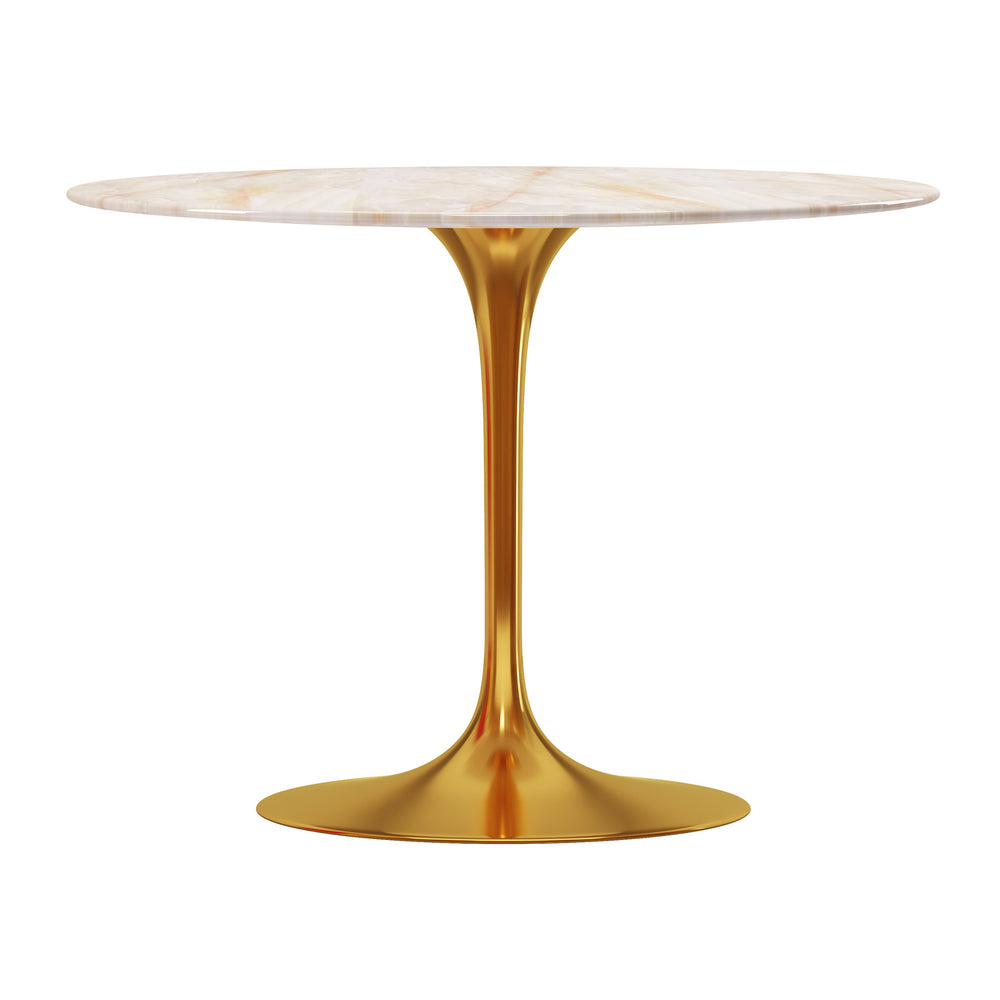 Homeroots 40" White And Gold Rounded Stone And Metal Pedestal Base Dining Table   520848