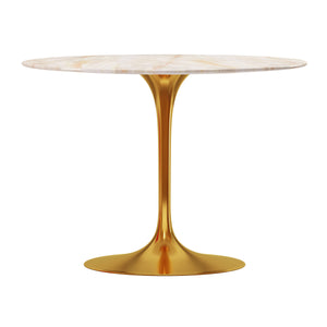 Homeroots 40" White And Gold Rounded Stone And Metal Pedestal Base Dining Table   520848