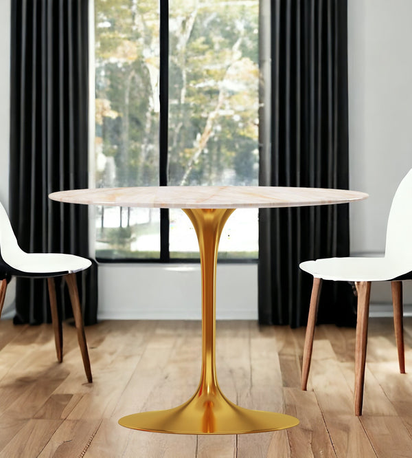 Homeroots 40" White And Gold Rounded Stone And Metal Pedestal Base Dining Table   520848