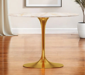 HomeRoots 40" Elegant White Marble and Gold Metal Pedestal Dining Table for Modern & Transitional Spaces 520848