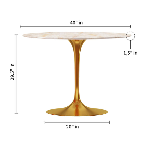 Homeroots 40" White And Gold Rounded Stone And Metal Pedestal Base Dining Table   520848