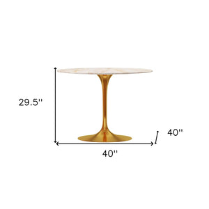 HomeRoots 40" Elegant White Marble and Gold Metal Pedestal Dining Table for Modern & Transitional Spaces 520848