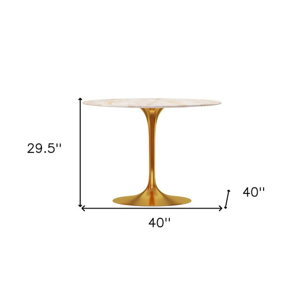 HomeRoots 40" Elegant White Marble and Gold Metal Pedestal Dining Table for Modern & Transitional Spaces 520848