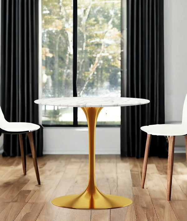 Homeroots 32" White And Gold Marble And Metal Dining Table   520850