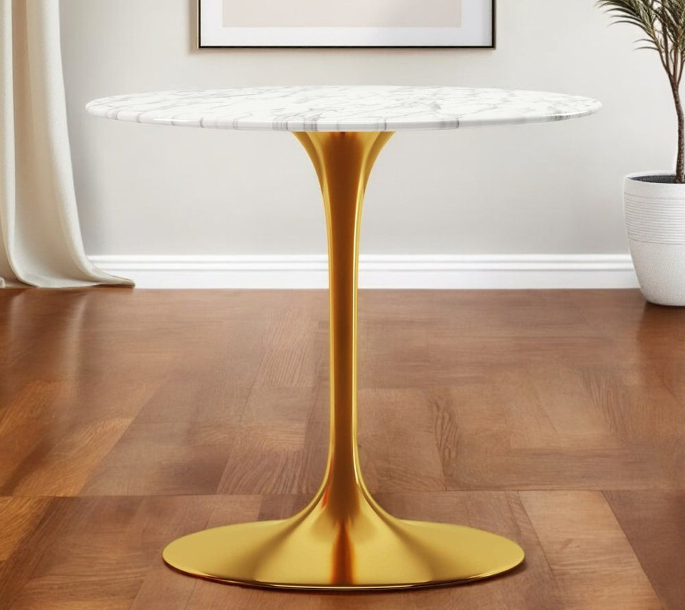 HomeRoots 32" Elegant White Marble Round Dining Table with Gold Metal Base – Perfect for Small Spaces & Gatherings 520850