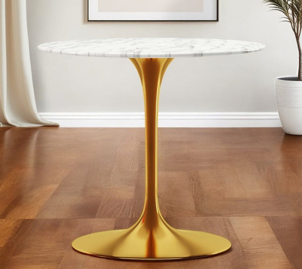HomeRoots 32" Elegant White Marble Round Dining Table with Gold Metal Base – Perfect for Small Spaces & Gatherings 520850