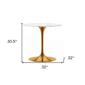 HomeRoots 32" Elegant White Marble Round Dining Table with Gold Metal Base – Perfect for Small Spaces & Gatherings 520850
