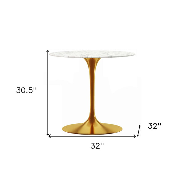 HomeRoots 32" Elegant White Marble Round Dining Table with Gold Metal Base – Perfect for Small Spaces & Gatherings 520850