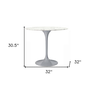 HomeRoots 32" Modern Round Dining Table with White Marble Top & Gray Metal Pedestal Base for Stylish Spaces 520851