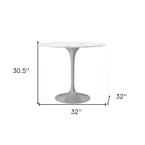 HomeRoots 32" Modern Round Dining Table with White Marble Top & Gray Metal Pedestal Base for Stylish Spaces 520851
