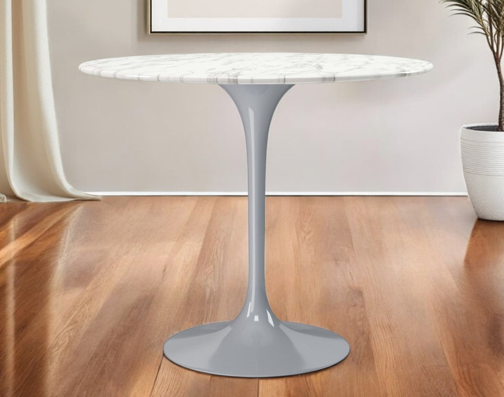 HomeRoots 32" Modern Round Dining Table with White Marble Top & Gray Metal Pedestal Base for Stylish Spaces 520851