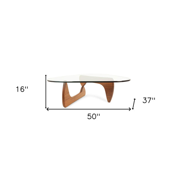 Homeroots 50" Clear And Brown Glass And Solid Wood Triangle Coffee Table   520854