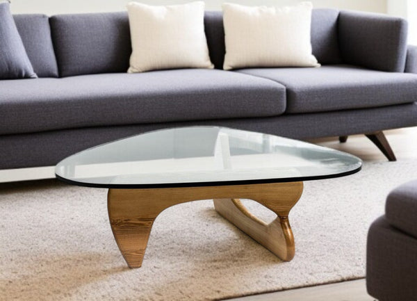 HomeRoots 50" Triangular Coffee Table with Clear Glass Top and Solid Oak Wood Base for Modern Living Spaces 520854