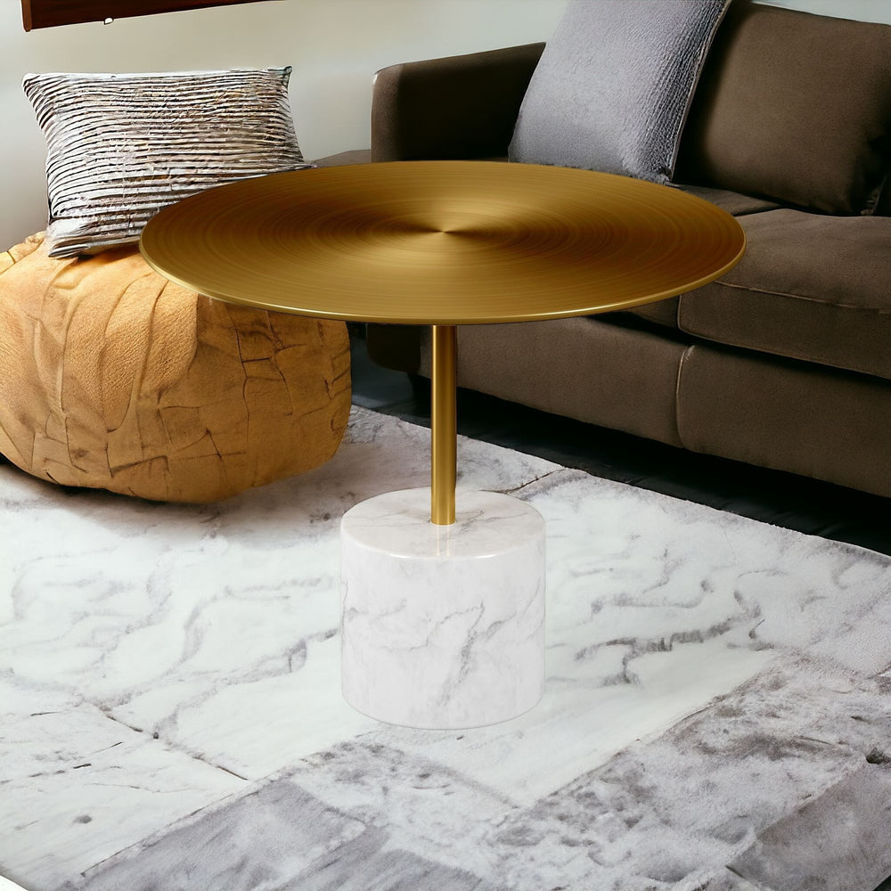 Homeroots 17" Gold And White Steel And Stone Round Coffee Table   520856