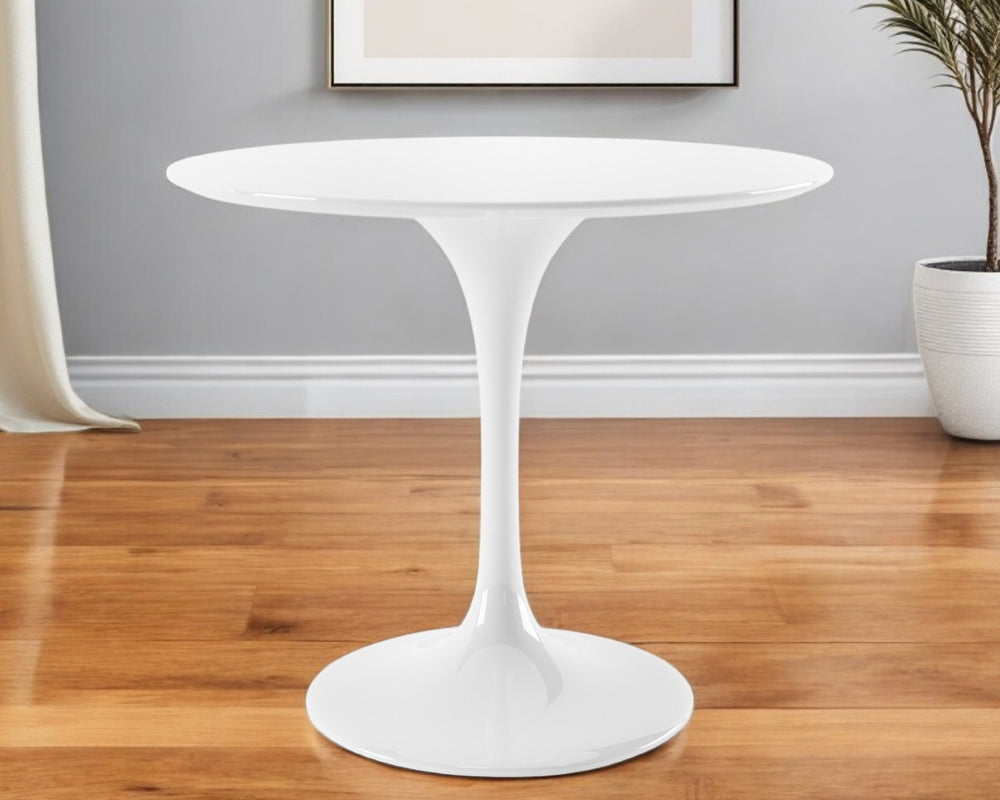 HomeRoots 36" Chic White Fiberglass Dining Table - Modern Round Pedestal Design for Small Spaces, Seats 3 520859