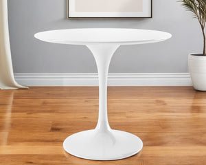 HomeRoots 36" Chic White Fiberglass Dining Table - Modern Round Pedestal Design for Small Spaces, Seats 3 520859