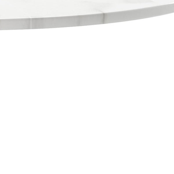 HomeRoots 36" Modern White Round Metal Pedestal Dining Table with Marble-Look Top for Stylish Spaces 520864