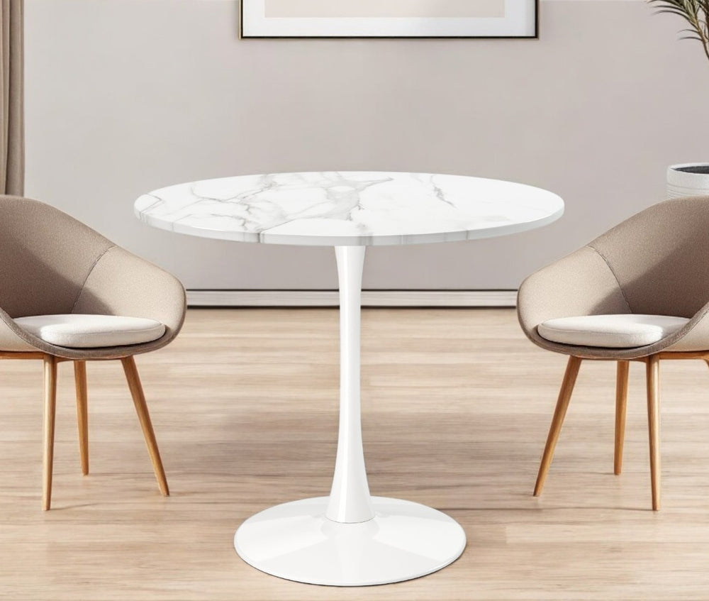 HomeRoots 36" Modern White Round Metal Pedestal Dining Table with Marble-Look Top for Stylish Spaces 520864