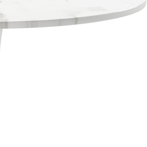 HomeRoots 36" Modern White Round Metal Pedestal Dining Table with Marble-Look Top for Stylish Spaces 520864