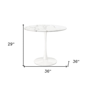HomeRoots 36" Modern White Round Metal Pedestal Dining Table with Marble-Look Top for Stylish Spaces 520864