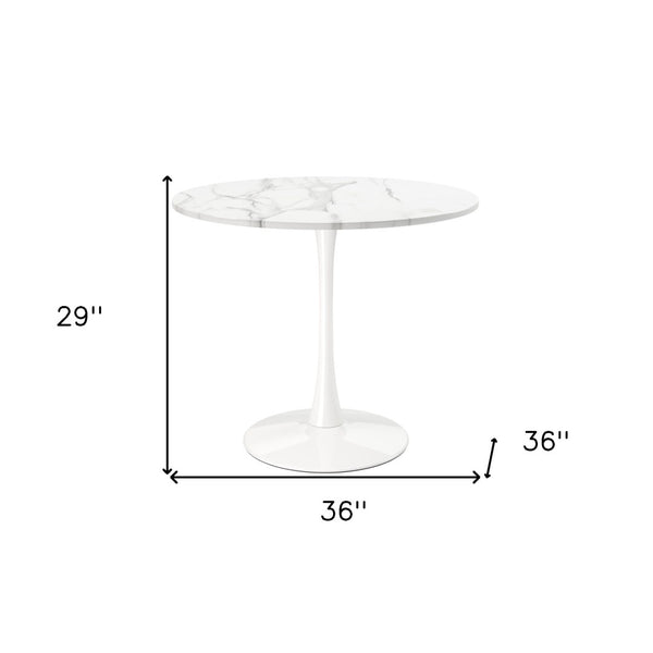HomeRoots 36" Modern White Round Metal Pedestal Dining Table with Marble-Look Top for Stylish Spaces 520864