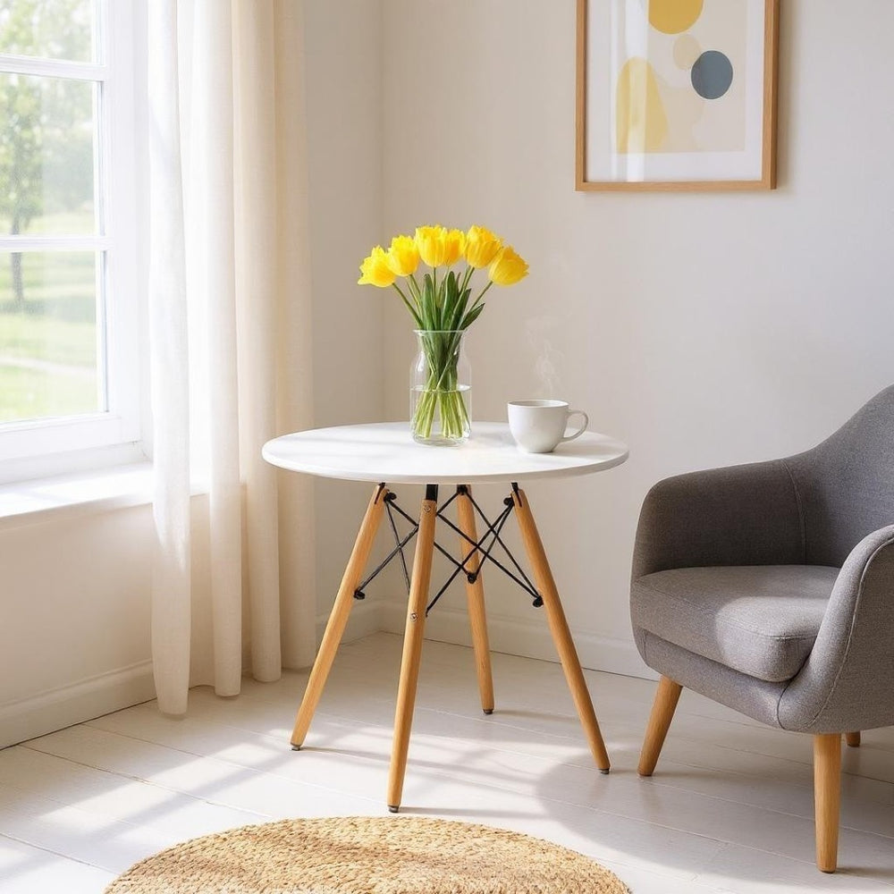 HomeRoots 30" Modern Two-Tone Round Dining Table with White Fiberglass Top and Natural Wood Base for Small Spaces 520870