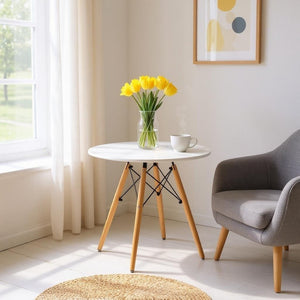 HomeRoots 30" Modern Two-Tone Round Dining Table with White Fiberglass Top and Natural Wood Base for Small Spaces 520870