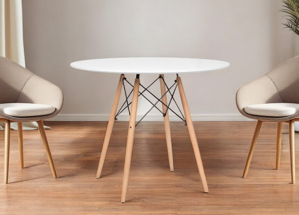 HomeRoots 36" Stylish Two-Tone White and Natural Solid Wood Dining Table – Compact Round Design for Modern Spaces 520871
