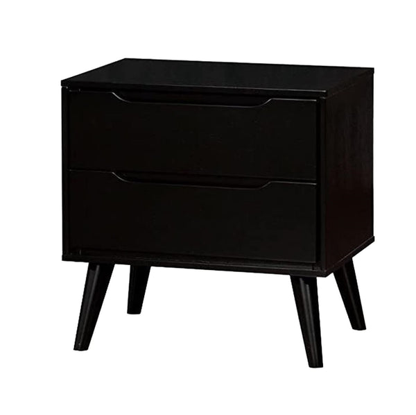 English Elm Mid-Century Black Nightstand Solid Wood with Recessed Handles, Round Tapered Legs, 2-Drawer Chic Bedroom Table B011P238915