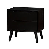 English Elm Mid-Century Modern Black Color 1 Piece Nightstand Bedroom Furniture Solid Wood Round Tapered Legs 2-Drawers Bedside Table