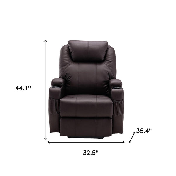 Homeroots 33" Brown Faux Leather Power Heated Massage Lift Assist Recliner   520900