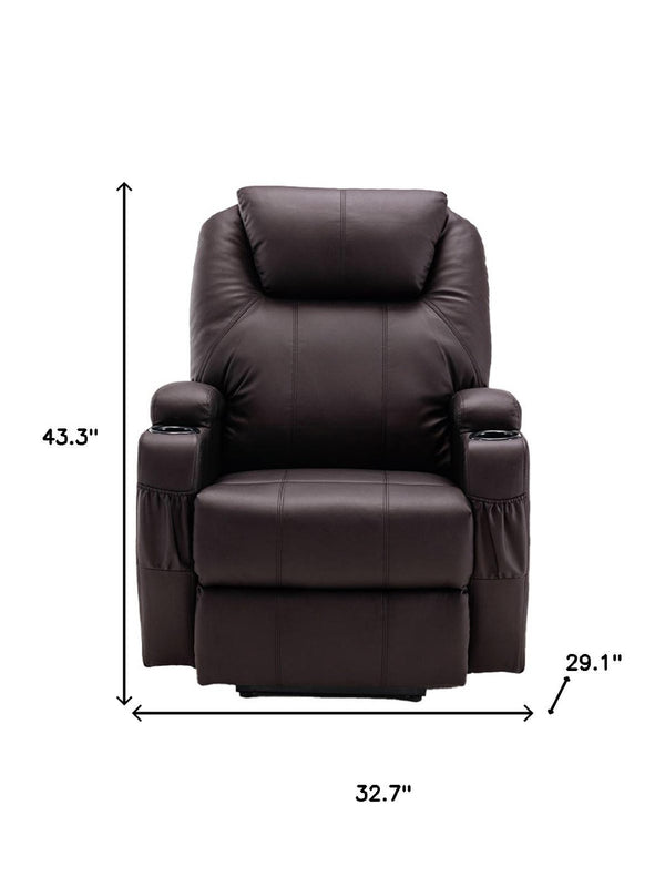 HomeRoots 33" Brown Faux Leather Power Lift Recliner with Heat, Massage, and Convenient Storage Solutions 520900