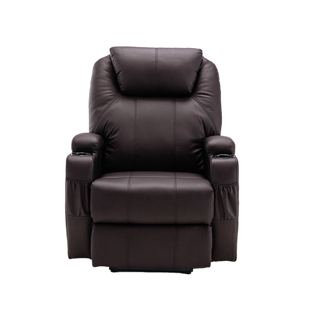 Homeroots 33" Brown Faux Leather Power Heated Massage Lift Assist Recliner   520900
