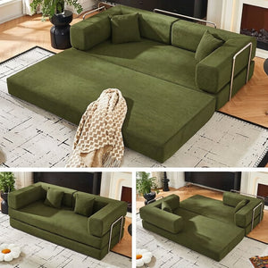 English Elm Convertible Corduroy Floor Sofa with Folding Sleeper and Bolster Pillow for Apartments Green W5638P460475