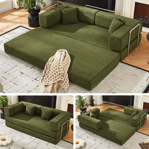 English Elm Convertible Corduroy Floor Sofa with Folding Sleeper and Bolster Pillow for Apartments Green W5638P460475