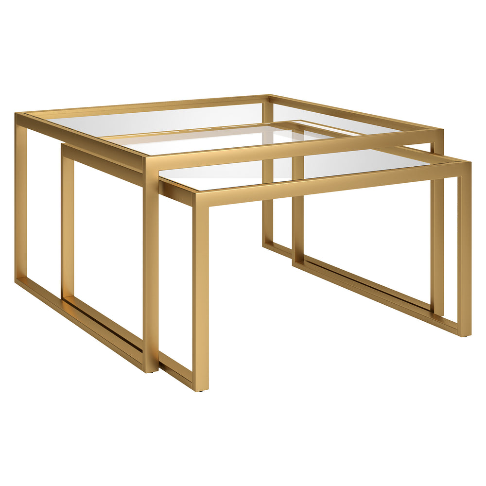 Homeroots Set Of Two 30" Gold Glass And Steel Square Nested Coffee Tables   520909