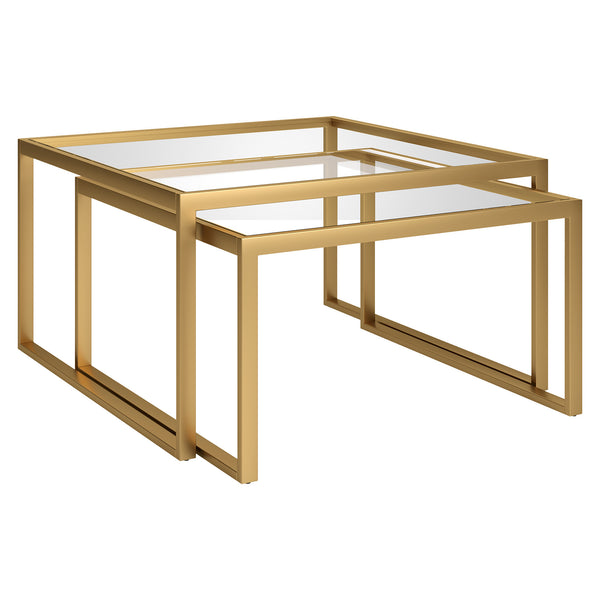 Homeroots Set Of Two 30" Gold Glass And Steel Square Nested Coffee Tables   520909
