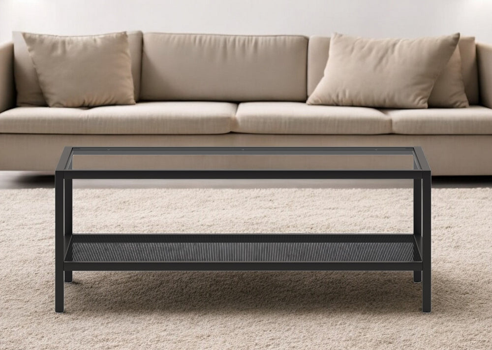 Homeroots 45" Clear And Black Glass And Steel Coffee Table With Shelf   520910