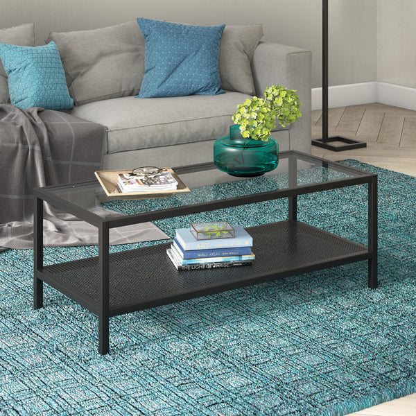 Homeroots 45" Clear And Black Glass And Steel Coffee Table With Shelf   520910