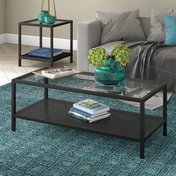 Homeroots 45" Clear And Black Glass And Steel Coffee Table With Shelf   520910