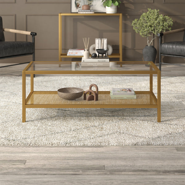 Homeroots 45" Clear And Gold Glass And Steel Coffee Table With Shelf   520911