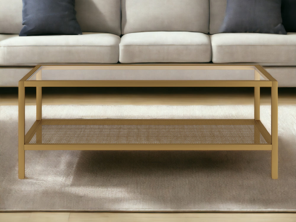 Homeroots 45" Clear And Gold Glass And Steel Coffee Table With Shelf   520911