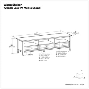 English Elm Warm Shaker 72 inch Low TV Media Stand Brown Solid Wood 72" Wide for TVs up to 80", Drawers, Cord Management B136P203488